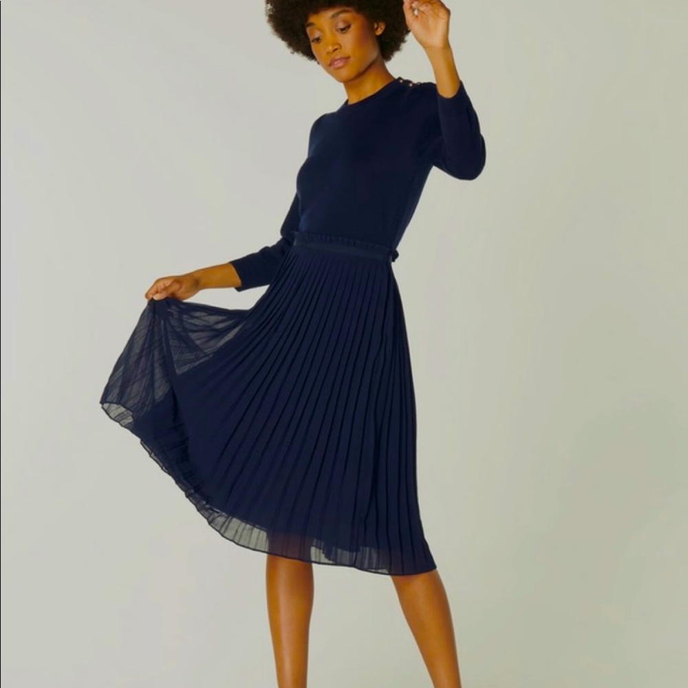 L.K. Bennett Navy Wool Pleated Dress